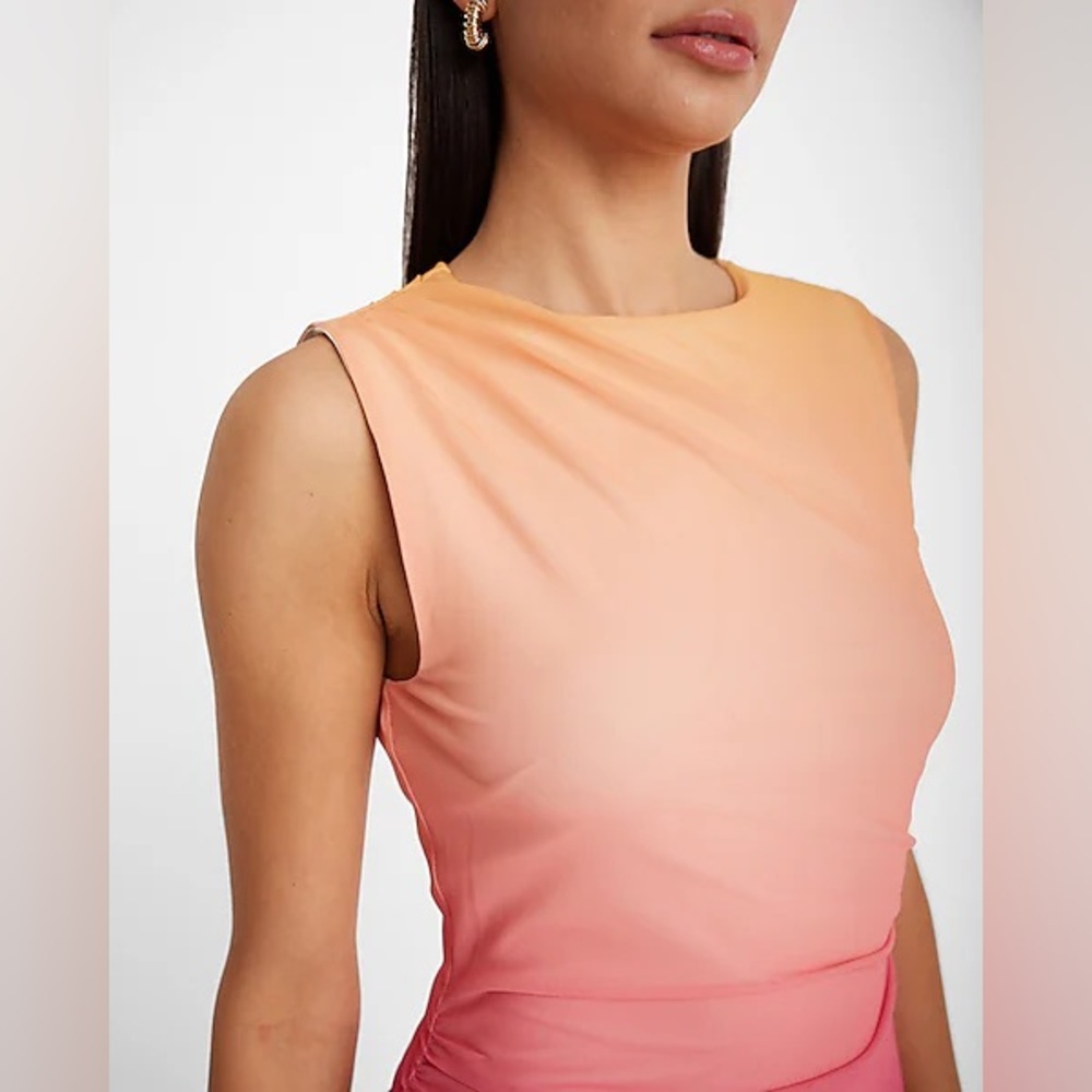 Express Ombré Mesh High Neck Sleeveless Ruched Sheath Dress - Picture 4 of 11